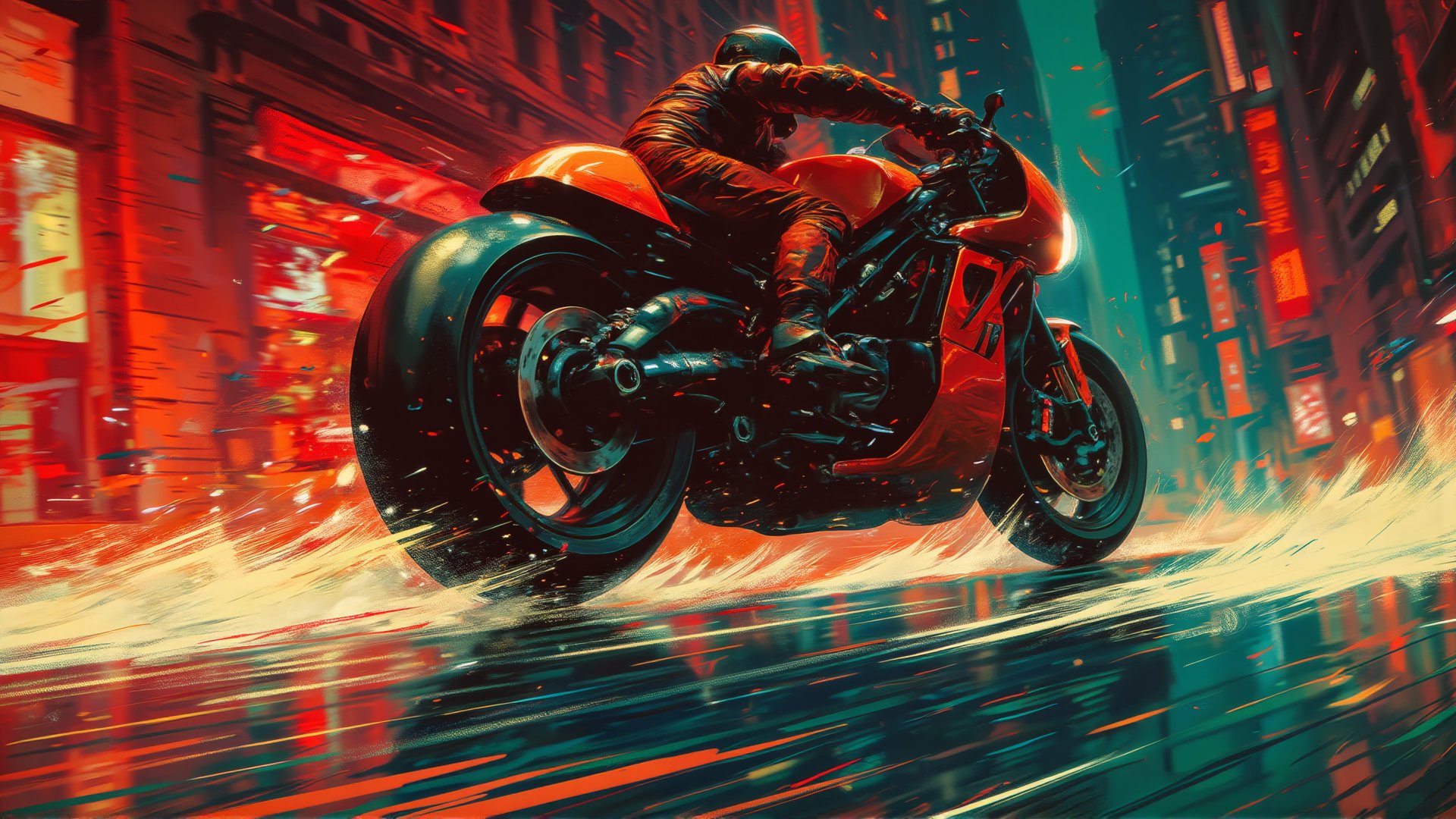 The image depicts a dynamic and intense scene of a Cycle speeding through a neon-lit cityscape. The rider, dressed in a sleek black suit and helmet, is leaning sharply as he navigates a turn on a powerful, bright red motorcycle. The wheels kick up a spray of vibrant particles and streaks, creating a sense of motion and energy.