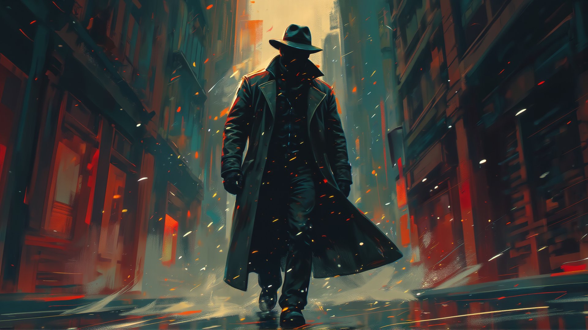 Create an illustration of a mysterious detective wearing a trench coat and fedora, standing in a dimly-lit urban street with a classic noir vibe. The art style features Cycle effects, with looping elements such as fog swirling around the detective and light trails from passing cars. The character has a shadowed face, adding to the suspenseful atmosphere, while the background is minimalistic, hinting at cobblestone streets and dim street lamps. The lighting is moody, with deep shadows and subtle highlights that emphasize the detective’s silhouette. The colors are monochromatic with muted blues and greys, capturing the essence of a classic noir scene --ar 16:9 --s 900  --chaos 25.
