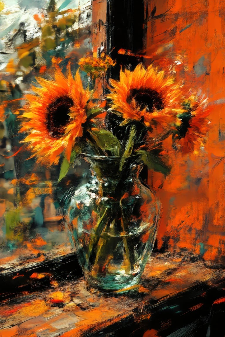 a digital-art anime illustration in the style of Makoto Shinkai. Use a Dutch-Angle shot side view with visible black drawn outlines on the vase and sunflowers. Depict a vibrant bouquet of orange and yellow sunflowers in a clear glass vase with a hint of teal, on a wooden windowsill. The clear vase should reveal the stems and reflect shimmering light, with sunlight streaming in to illuminate the scene. Show a brick wall with a partly cloudy sky and lush greenery through the window. Surround the vase with smaller yellow-orange flowers and leafy plants. Use a crisp, painterly, slightly graphical style to convey a sunny, idyllic atmosphere. Cycle