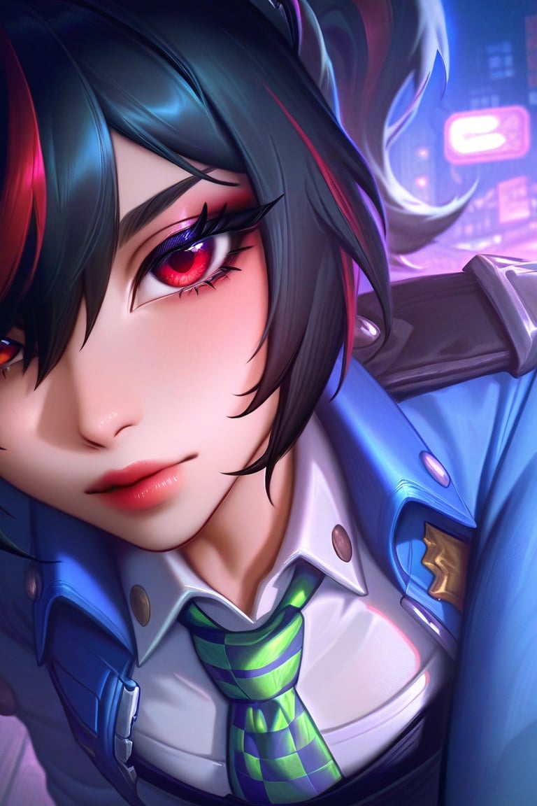 best quality, masterpiece \(quality\), L0LSPL4SH, year2024, year2023, police uniform, blue jacket, cropped jacket, open jacket, long sleeves, black gloves, white shirt, collared shirt, checkered necktie zhu yuan, ponytail, red eyes, blurry background,  dynamic,night, city, ghetto, close-up shot, close to face, face focus traces, black hair, portrait, locking at viewer, portrait 