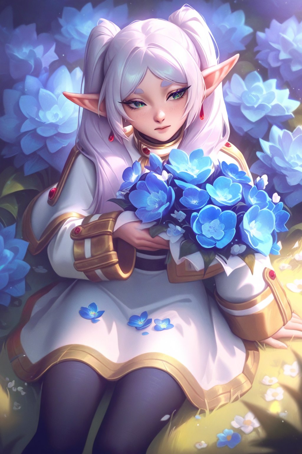 best quality, masterpiece \(quality\), L0LSPL4SH, year2024, year2023, Frieren, grey hair, twintails, white clothing,  white skirt, black tights, vivid colors, sits surrounded by flowers, blue flowers, calm