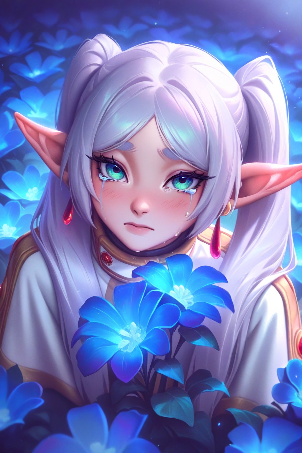 best quality, masterpiece \(quality\), L0LSPL4SH, year2024, year2023, Frieren, grey hair, twintails, white clothing,  white skirt, black tights, vivid colors, lies surrounded by flowers, blue flowers, calm, looks at viewer, portrait, cries,  single image, (solo:1.2)