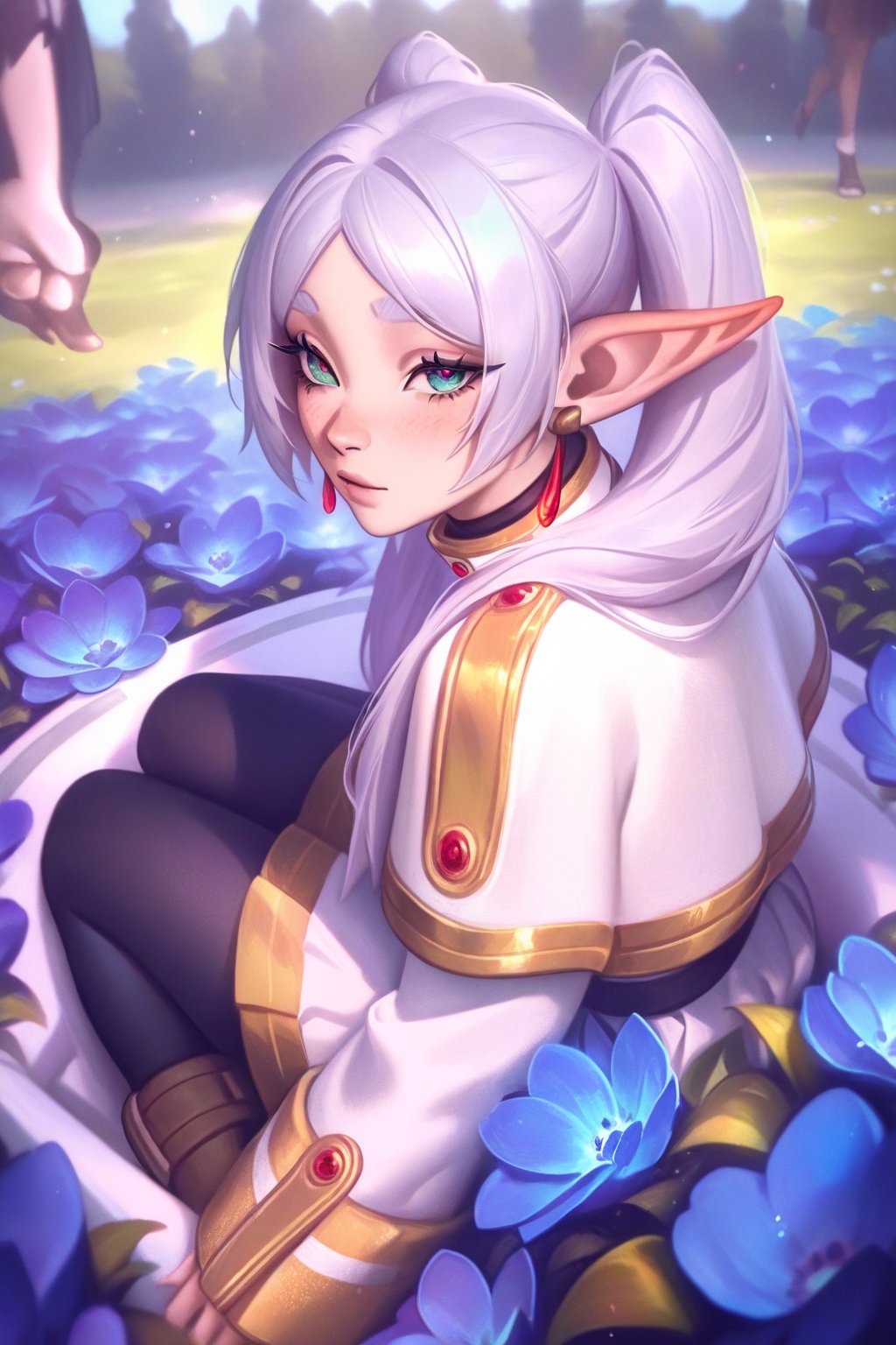 best quality, masterpiece \(quality\), L0LSPL4SH, year2024, year2023, Frieren, grey hair, twintails, white clothing,  white skirt, black tights, vivid colors, sits surrounded by flowers, blue flowers, calm, looks at viewer,