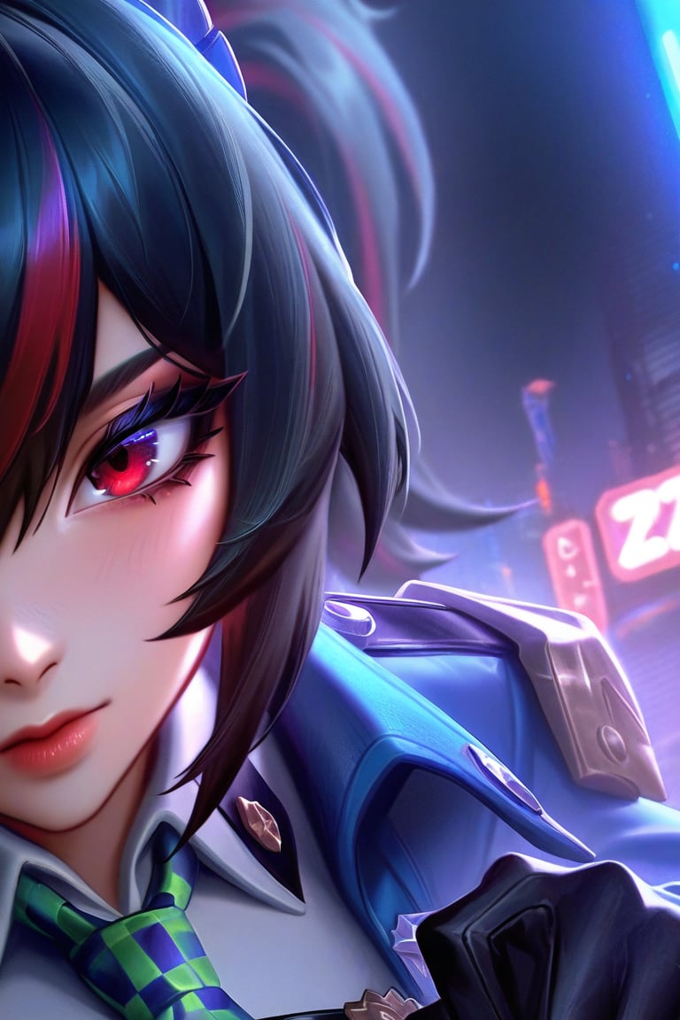 best quality, masterpiece \(quality\), L0LSPL4SH, year2024, year2023, police uniform, blue jacket, cropped jacket, open jacket, long sleeves, black gloves, white shirt, collared shirt, checkered necktie zhu yuan, ponytail, red eyes, blurry background,  dynamic,night, city, ghetto, close-up shot, close to face, face focus traces, black hair, portrait, locking at viewer, portrait 