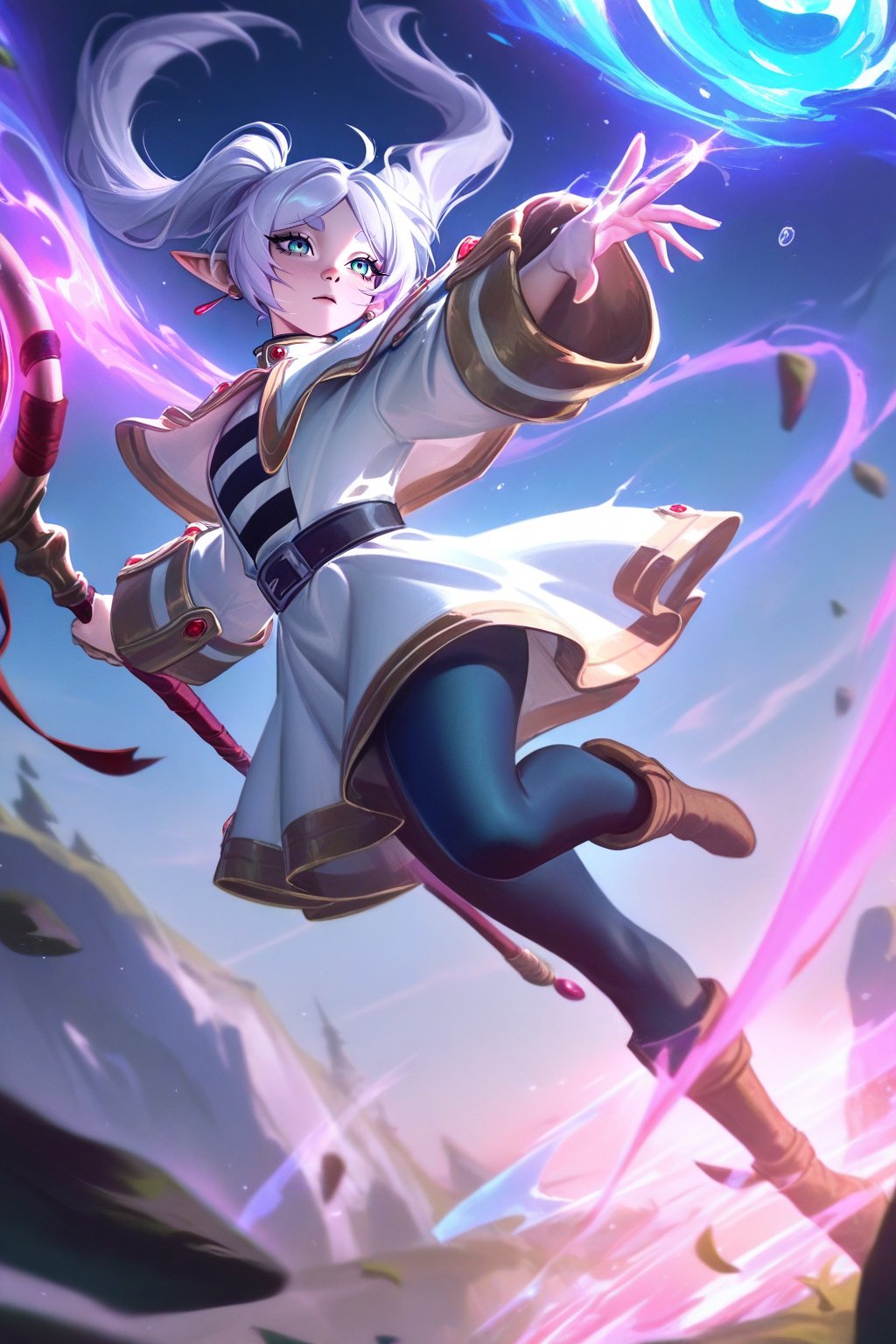 best quality, masterpiece \(quality\), L0LSPL4SH, year2024, year2023, Frieren, grey hair, twintails, white clothing,  white skirt, black tights, staff, flying, casting magic, dynamic, vivid colors,