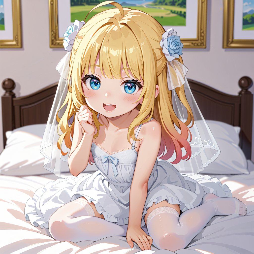 score_9, score_8_up, score_7_up, (best quality, masterpiece, ultra detailed, 4k, very aesthetic,)+, picture-perfect::2, 

smiling, looking at viewer, mouth open, sitting on bed, wariza, 

toddler+++++, loli, short+++++, blushing deeply, flat chest, cute, white lace stockings, blue eyes, blonde hair, long hair, ahoge, wedding gowns, barefeet, cute girl's bedroom,