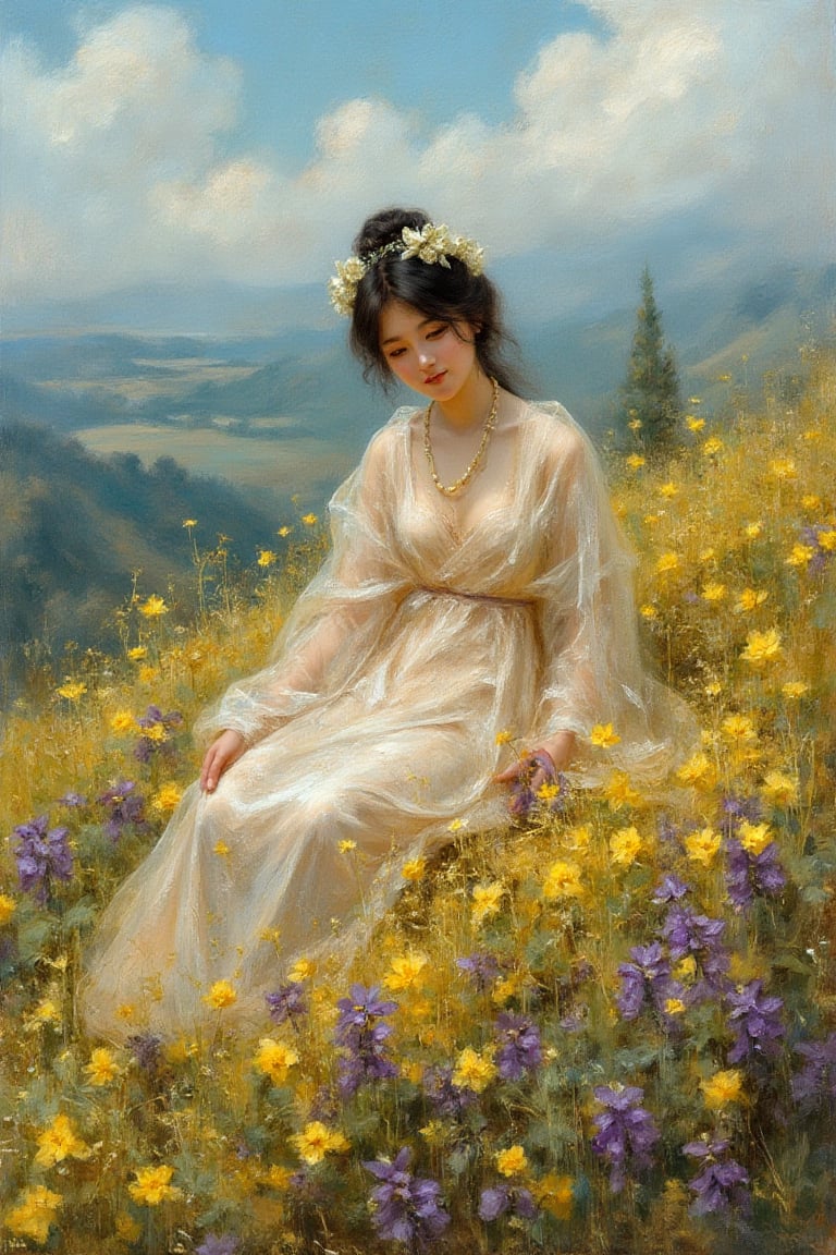 A beautiful oriental woman sitting on a hillside covered with yellow and purple flowers, 
front view,
oil painting style