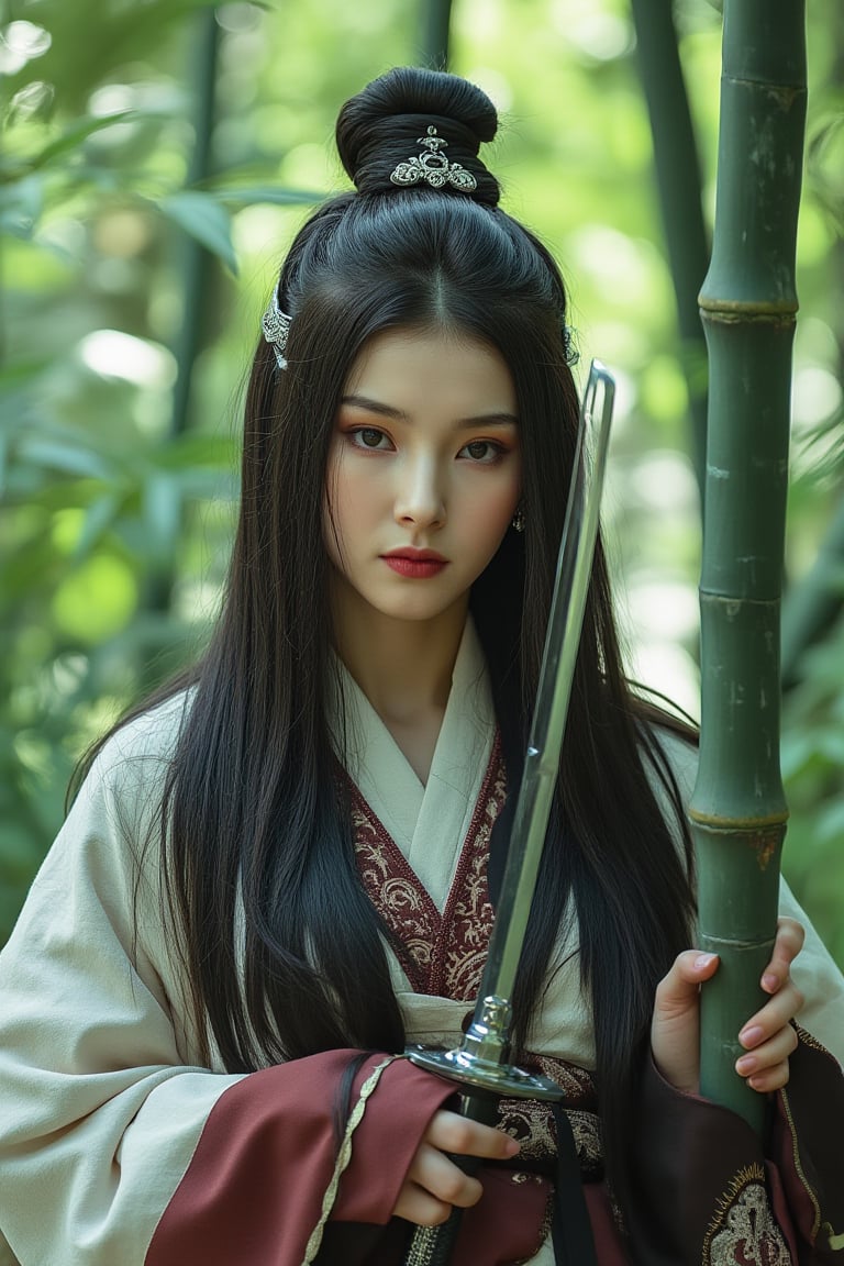 a  White-skinned oriental Female Warrior,
Dressed in swordsman's attire,
Holding a sword, standing on the bamboo , 
Stand on tiptoes, 
black hair,
big eyes,
Realistic,



 looking at viewer,  photorealistic, masterpiece, 
full body with face,
front view