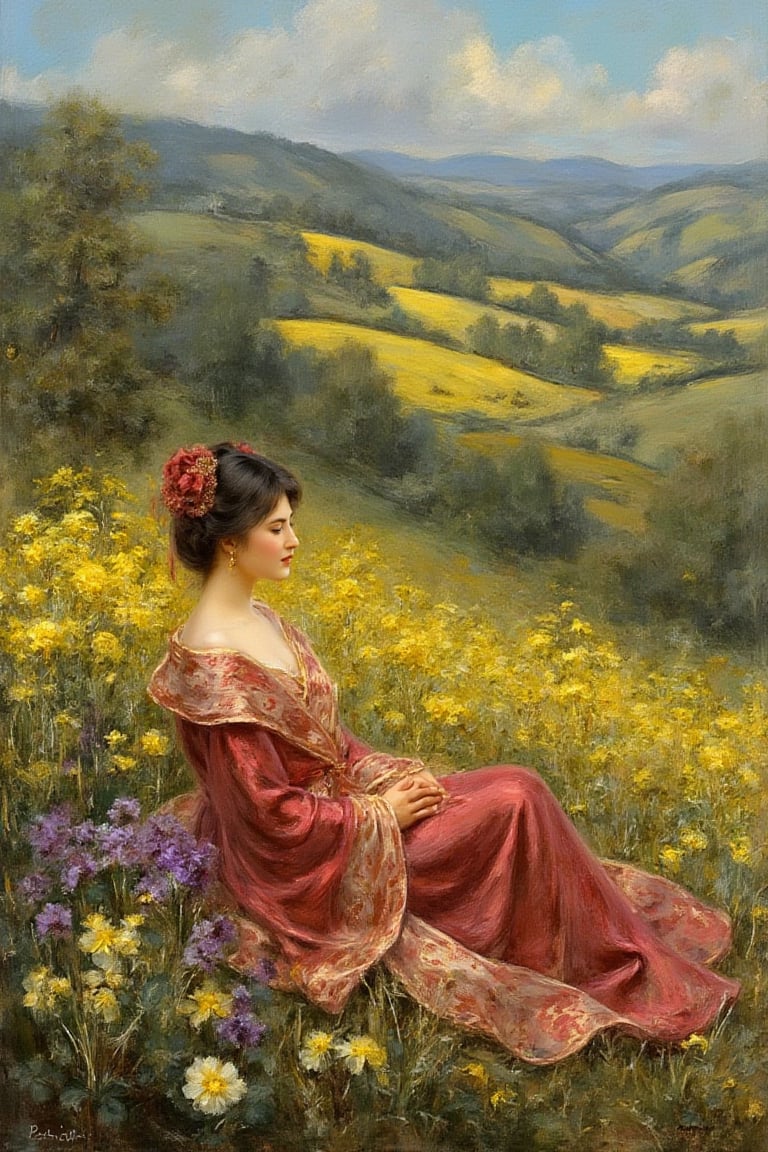 A beautiful oriental woman sitting on a hillside covered with yellow and purple flowers, 
oil painting style