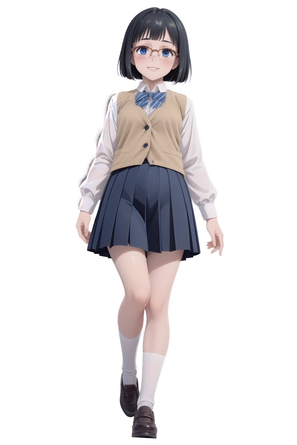 1girl, solo, Sasaki Setsuko, black hair that extends to below her ears, styled in a bob, blue eyes, wears glasses, Setsuko's outfits consist of her school uniform, beige-colored vest over a white long-sleeve shirt, diagonal striped tie, dark blue skirt, gray socks, light-colored shoes, shy smile, flushed cheek, masterpiece, unity 8k wallpaper, best quality, highres, ultra-detailed.