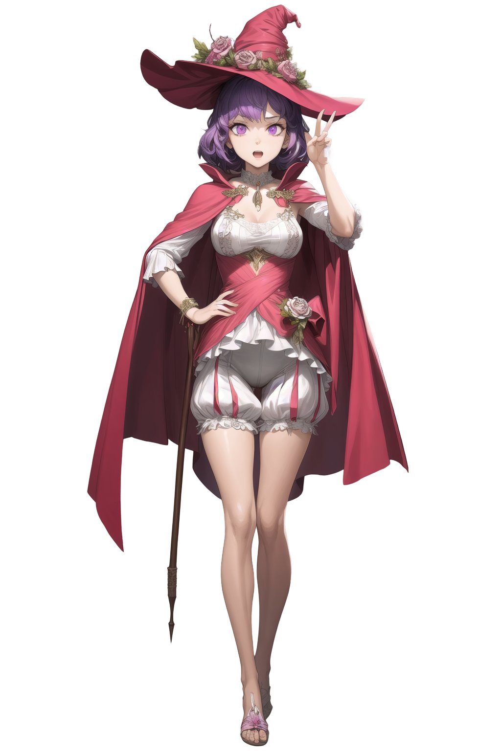 ((best quality)), ((highly detailed)), masterpiece, ((official art)), detailed face, beautiful face, (detailed eyes, deep eyes, intricately detailed, hyperdetailed, best quality, masterpiece, intricate details, tonemapping, sharp focus, hyper detailed, official art, Dorothy, 1girl, short hair, hat, purple eyes, purple hair, flower, cape, witch hat, bloomers, pink cape.