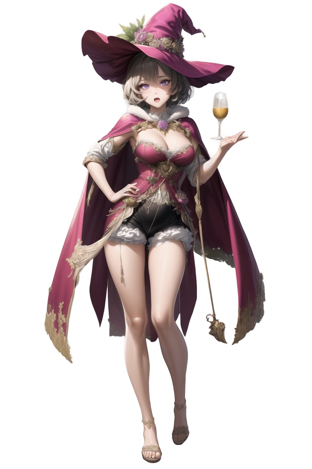 ((best quality)), ((highly detailed)), masterpiece, ((official art)), detailed face, beautiful face, (detailed eyes, deep eyes, intricately detailed, hyperdetailed, best quality, masterpiece, intricate details, tonemapping, sharp focus, hyper detailed, trending on Artstation, high res, official art, Dorothy, 1girl, short hair, hat, purple eyes, purple hair, flower, cape, witch hat, bloomers, pink cape.