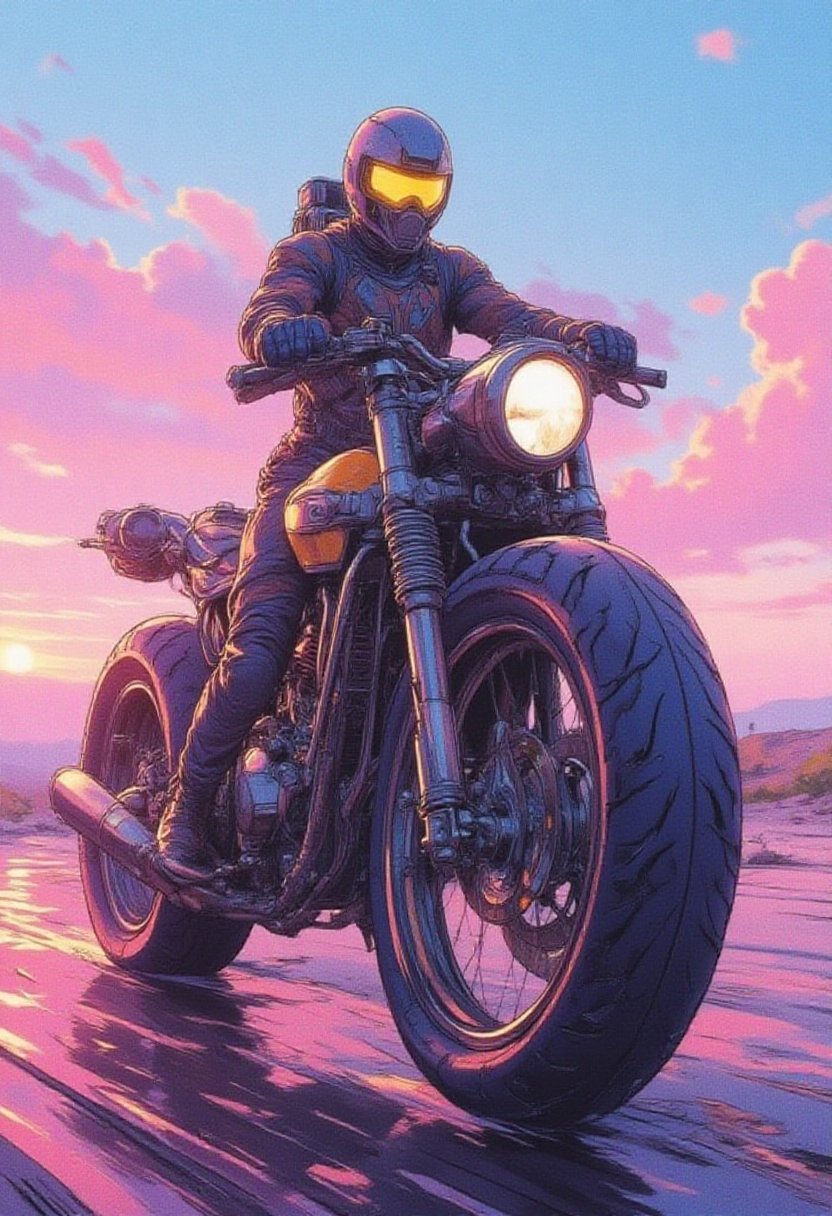 watercolor, wet on wet, paintstreaks, watercolor painting, illustration, Cinematic style, egmid
(in Don Bluth style:1.2), high-quality, masterpiece, A A man in protective gear and a helmet rides a futuristic motorcycle. In the background, there is a bright sky, painted in pink and blue tones, creating the impression of sunset or dawn. The bike looks powerful and technologically advanced, with massive parts and wheels.