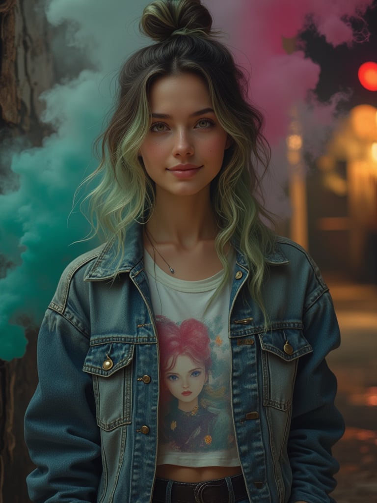 create an image 3D,of a beutiful woman wearing a tshirt,denim jacket,knot top hair style,ombre green color hair,standing while smile,the background is near a broken wall, there is a colorful smoke,dark lightning,close up shot,photography,HDR,8K