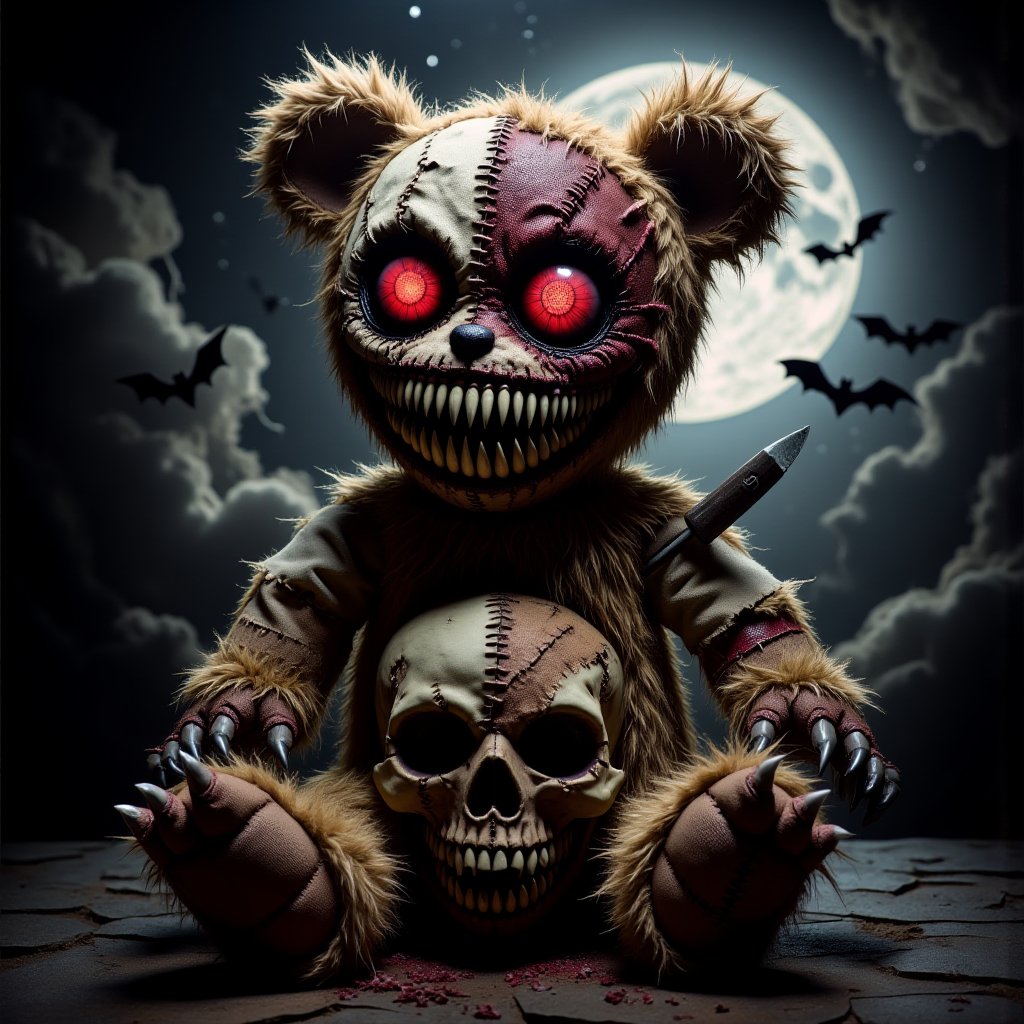 create an image  of a teddy bear sitting, creepy, red eyes, sharp teeth, open mouth, close to the side of the skull,knife stuck in the head,close to the sharp claws, the head has stitches, the background has a big moon, there are bats flying at night, 