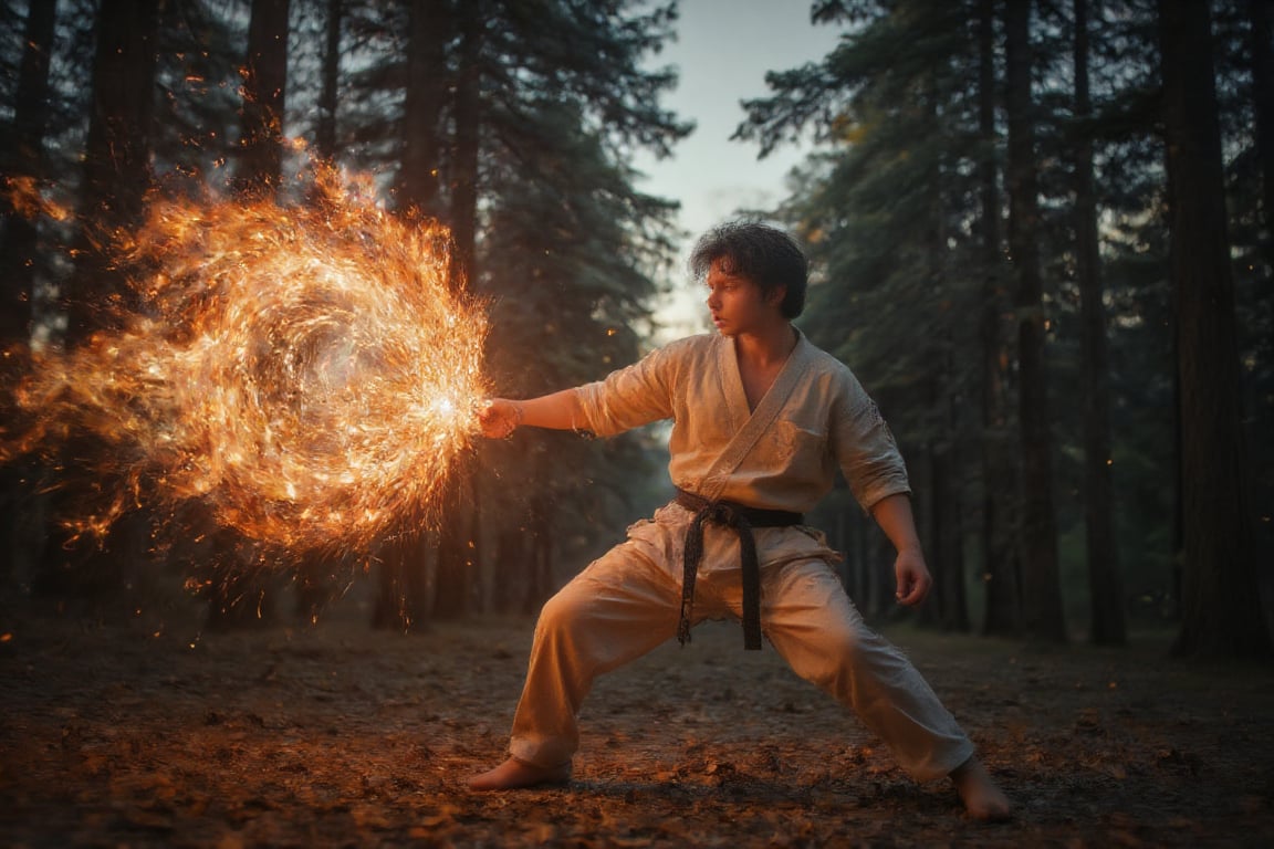 Ryu with his classic white gi projecting a fiery hadouken through a dense forest clearing at dusk. The scene is captured from a low-angle shot, highlighting the intensity in Ryu's eyes. The setting sun casts a golden glow, creating dynamic shadows on Ryu's muscular frame, with fiery embers emphasizing the power of the hadouken. The background features tall trees and falling leaves, all blurred to accentuate Ryu's movement. The twilight sky enhances the overall sense of mystique.,cip4rf,Magicallights,divinelights,Midjourney_Whisper