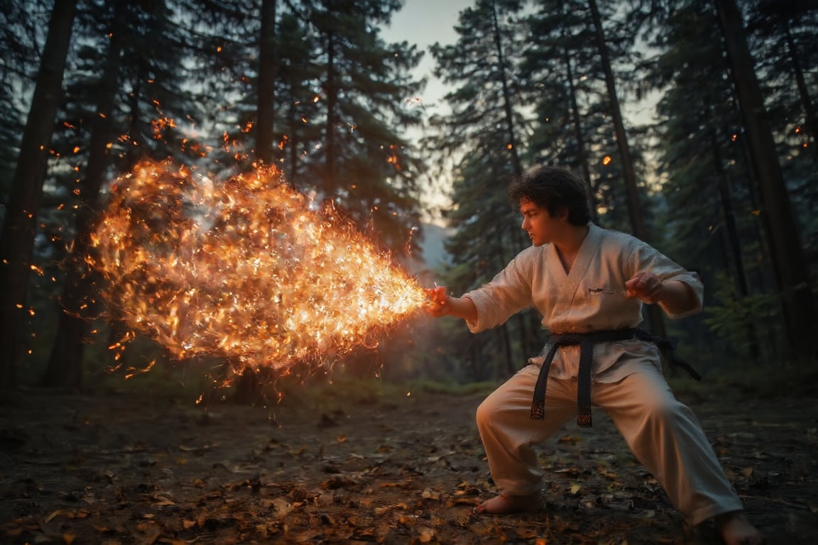 Ryu with his classic white gi projecting a fiery hadouken through a dense forest clearing at dusk. The scene is captured from a low-angle shot, highlighting the intensity in Ryu's eyes. The setting sun casts a golden glow, creating dynamic shadows on Ryu's muscular frame, with fiery embers emphasizing the power of the hadouken. The background features tall trees and falling leaves, all blurred to accentuate Ryu's movement. The twilight sky enhances the overall sense of mystique.,cip4rf,Magicallights,divinelights,Midjourney_Whisper