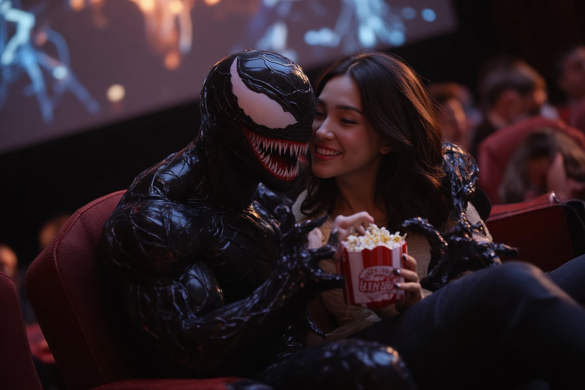 A romantic realism render of Venom seated in a TGV Cinema theater, happily watching the 'VENOM' movie on the big screen with his beautiful girlfriend. Venom has his arm around her shoulders, sharing a tender moment, both smiling and enjoying popcorn together. The screen’s soft glow lights up their faces, capturing their happiness in the cozy, dimly lit atmosphere of the theater. The scene is warm and inviting, with subtle details on Venom’s organic textures, their hands reaching into the popcorn bucket, and a relaxed, affectionate ambiance that makes the moment feel magical,cinematic dramatic color style,text title style,AuraEcha