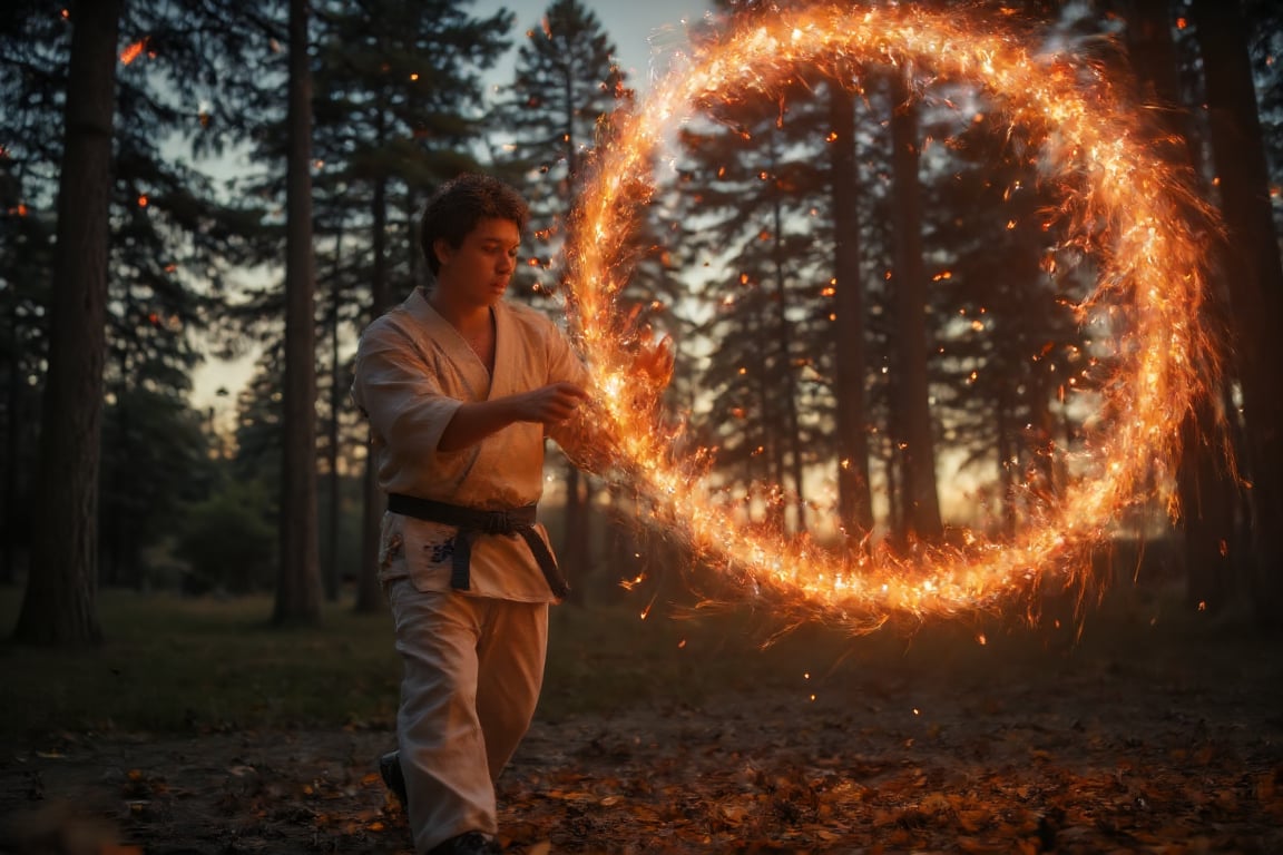 Ryu with his classic white gi projecting a fiery hadouken through a dense forest clearing at dusk. The scene is captured from a low-angle shot, highlighting the intensity in Ryu's eyes. The setting sun casts a golden glow, creating dynamic shadows on Ryu's muscular frame, with fiery embers emphasizing the power of the hadouken. The background features tall trees and falling leaves, all blurred to accentuate Ryu's movement. The twilight sky enhances the overall sense of mystique.,cip4rf,Magicallights,divinelights,Midjourney_Whisper