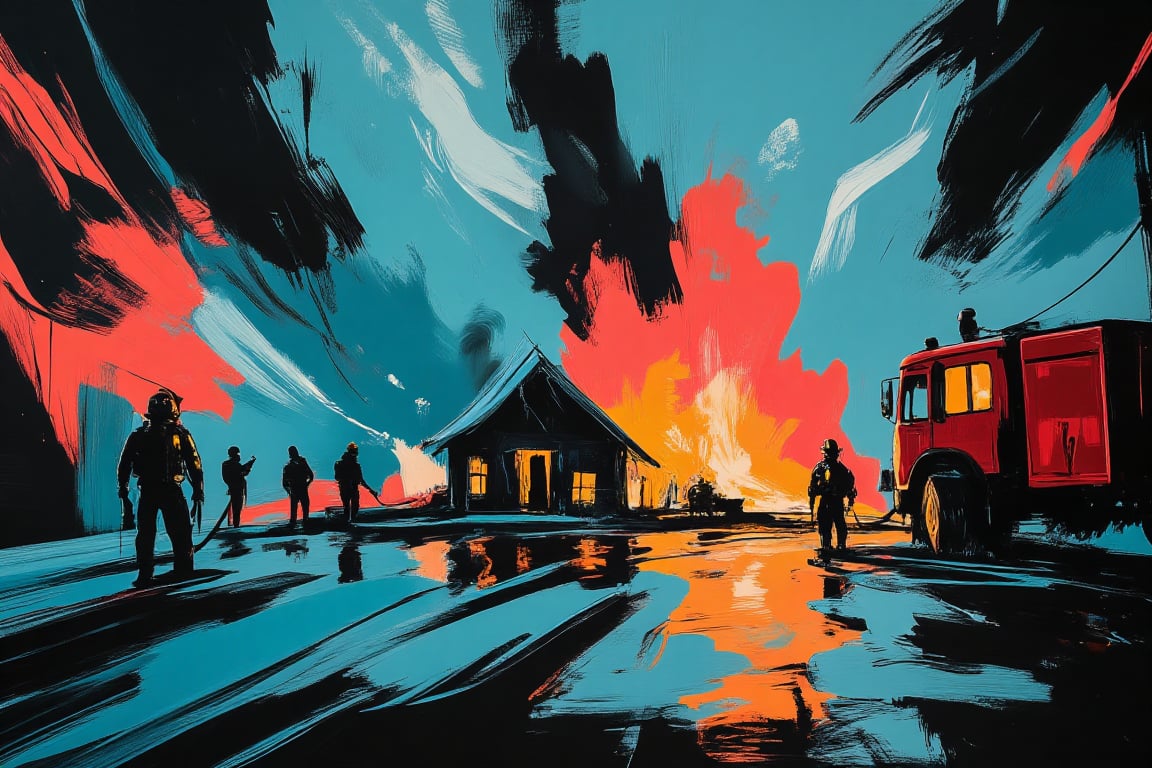 A dynamic brushstroke art capturing the dramatic scene of a fire brigade executing a rescue mission, spraying water from a large hose towards a burning residential house. The fire brigade is painted with expressive, bold strokes, emphasizing their urgency and bravery. The house is engulfed in flames, with vivid reds, oranges, and black smoke swirling upwards. The water from the hose arcs through the air, depicted with flowing blue and white strokes, contrasting the intense heat of the fire. The scene is set against a darkened, smoke-filled sky, with the brushstrokes adding a sense of motion and chaos, highlighting the tension and heroism of the moment.,Sliced Prism-Pop,DreamweaverLumina,CosmicBrushstrokes