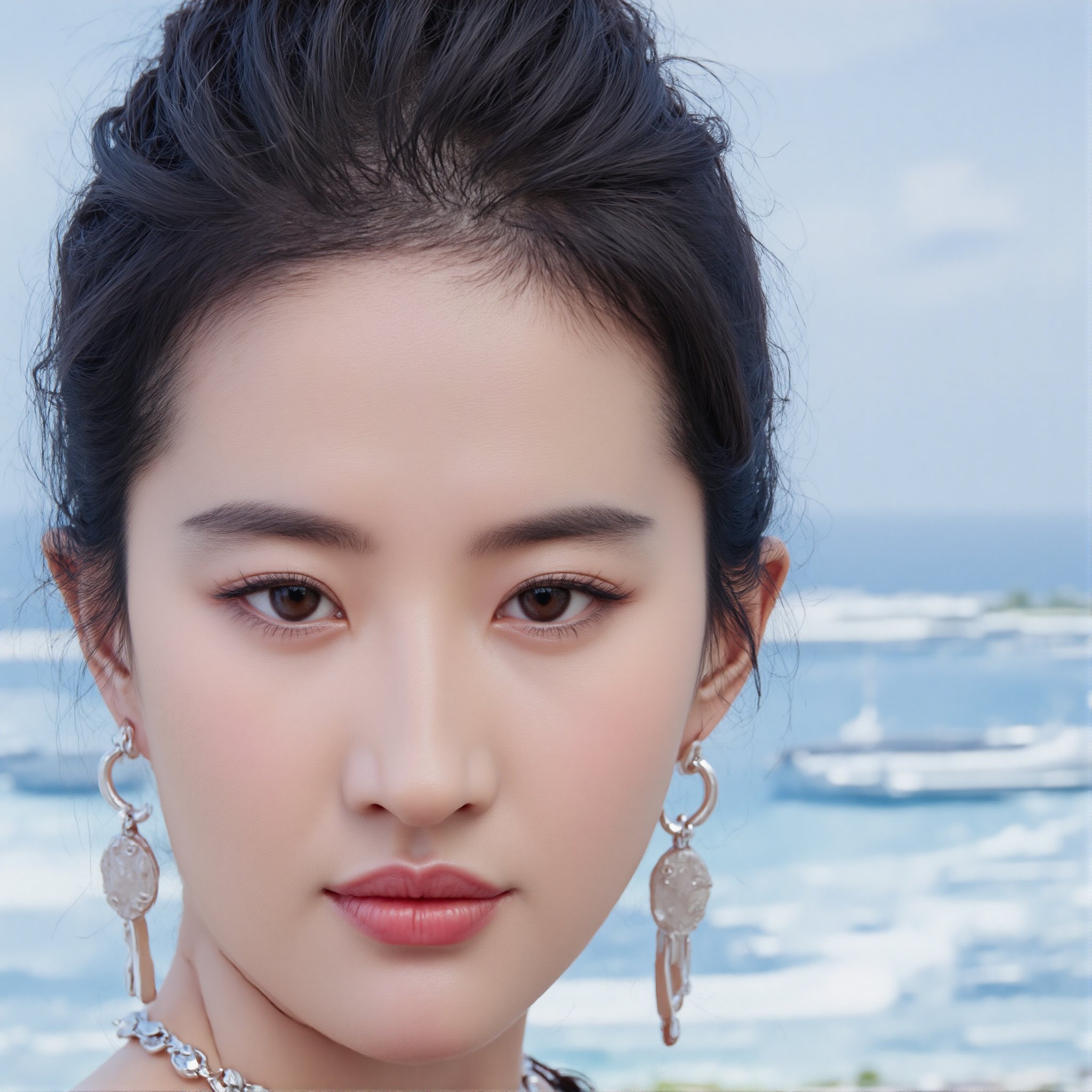 Soft focus captures the intricate details of her face, serene blue sky and sea serving as a stark contrast to her commanding presence. Her stern expression and piercing gaze dominate the frame, drawing attention to her elaborate jewelry-adorned neck and ears. The soft lighting emphasizes her porcelain-like complexion, highlighting every subtle nuance on her flawless skin. Her intense stare seems to challenge the viewer, daring them not to look away from her unyielding dominance.,make up