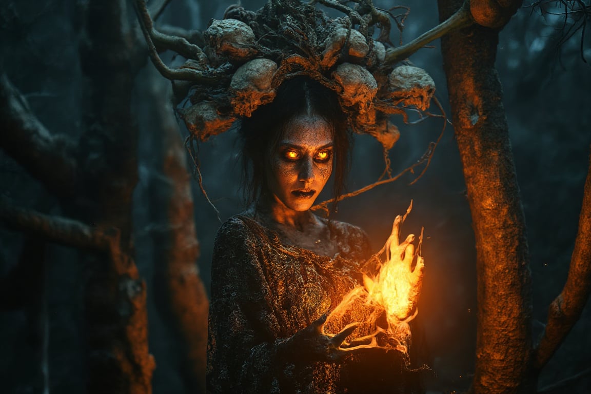 Generate hyper realistic image of a dark, haunting woman with macabre and mystical features. Her face is eerie and skeletal, covered in intricate patterns that resemble roots and vines, giving it a decaying, earthy appearance. Her eyes glow a bright, fiery orange. She is wearing crown-like headpiece made of twisted branches and skulls. The branches fan out from her head, some of them resembling gnarled tree roots, while numerous skulls are embedded within the design. Her clothing is dark and lacy, resembling an ancient, decayed wedding dress. The delicate lace details are contrasted by the rough, bark-like textures that blend into her skin. Her hands are elongated and bony, with sharp, claw-like fingers. Her body is mostly obscured by her dark clothing and the glowing energy she manipulates. The background is dark and shrouded in mist, with faint outlines of twisted trees and decaying branches.,Magicallights,divinelights