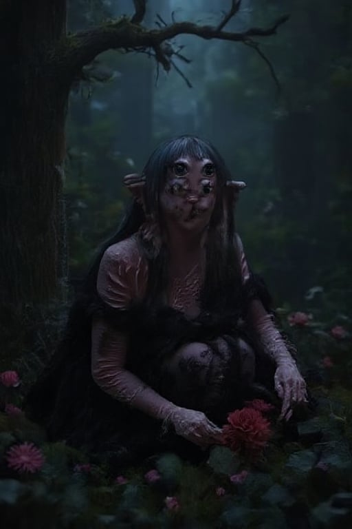 a woman with four eyes sitting beside a grave holding red rose,black goth clothes,and spider web on the tree in the dark forest,detailed face,4 eyes