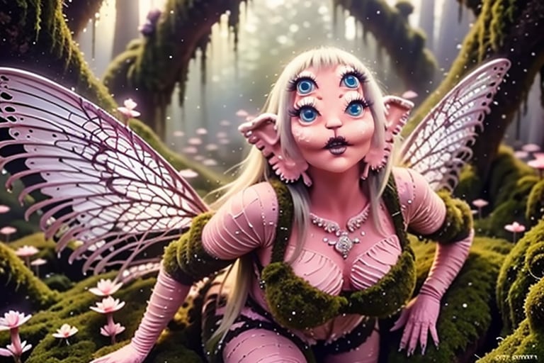 Woman with 4 eyes climbing into an mossy tree using fairy outfit gogeous make up moss outfit, beautiful, best quality, 18k, detailed face, 4eyes, foured eyes, good hand, GOOD quality, tosca hair, detailed dress, detailed wings