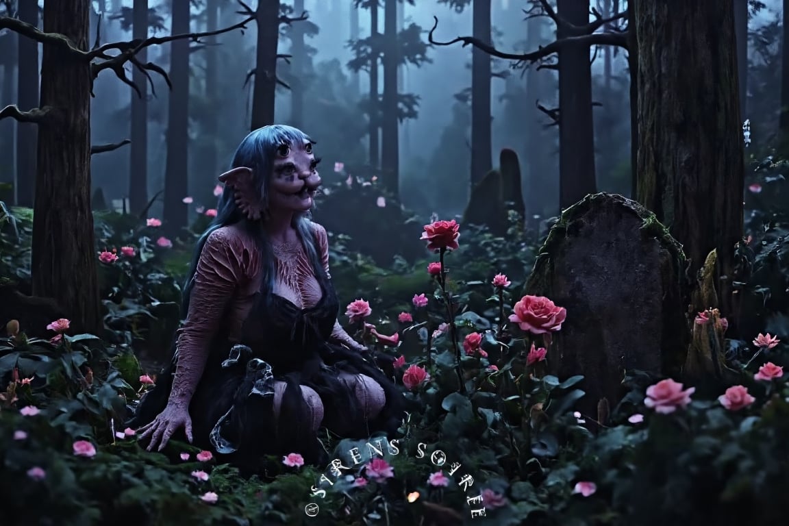 a woman with four eyes sitting beside a grave holding red rose,black goth clothes,and spider web on the tree in the dark forest