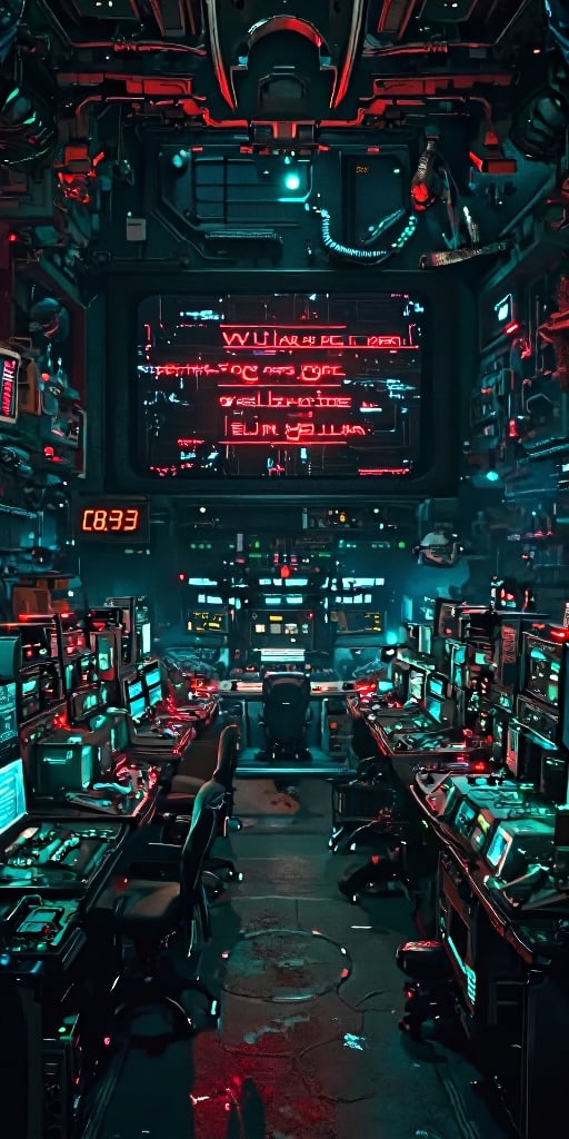 Inside the nerve center of the colony spaceship's bridge, a frantic atmosphere unfolds. A giant black screen looms large, hijacked by a menacing virus that echoes in an endless loop: 'You shall be as gods, You shall be as gods, You shall be as gods...' Amidst the digital pandemonium, a secondary screen flashes red warning lights, signaling impending catastrophe for the alien lifeform's status - a countdown to doom. Anime-style introductions unfold with urgency and foreboding. Computers and screens surround a central hub, where bright blue buttons and glowing green displays create a neon-lit chaos.