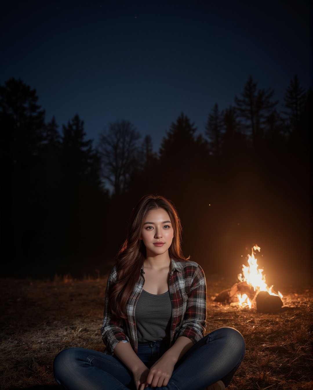 The 26-year-old woman with long auburn hair pulled back in a loose ponytail sits cross-legged by a crackling campfire, gazing up at the vast, starry sky. Her large, almond-shaped emerald green eyes reflect the light of the fire, and her fair, porcelain skin glows warmly in its flickering light. A few light freckles dot her nose and cheeks, adding to her natural, outdoorsy beauty. She’s dressed in a cozy outfit: a flannel shirt layered over a gray t-shirt, paired with jeans and hiking boots. Her rose-pink lips are curled into a relaxed smile as she listens to the sounds of nature around her—the crackling fire, the rustling of leaves, and the distant hoot of an owl. The background features a quiet campsite surrounded by trees, with the soft glow of the fire illuminating the scene and the night sky filled with countless stars.