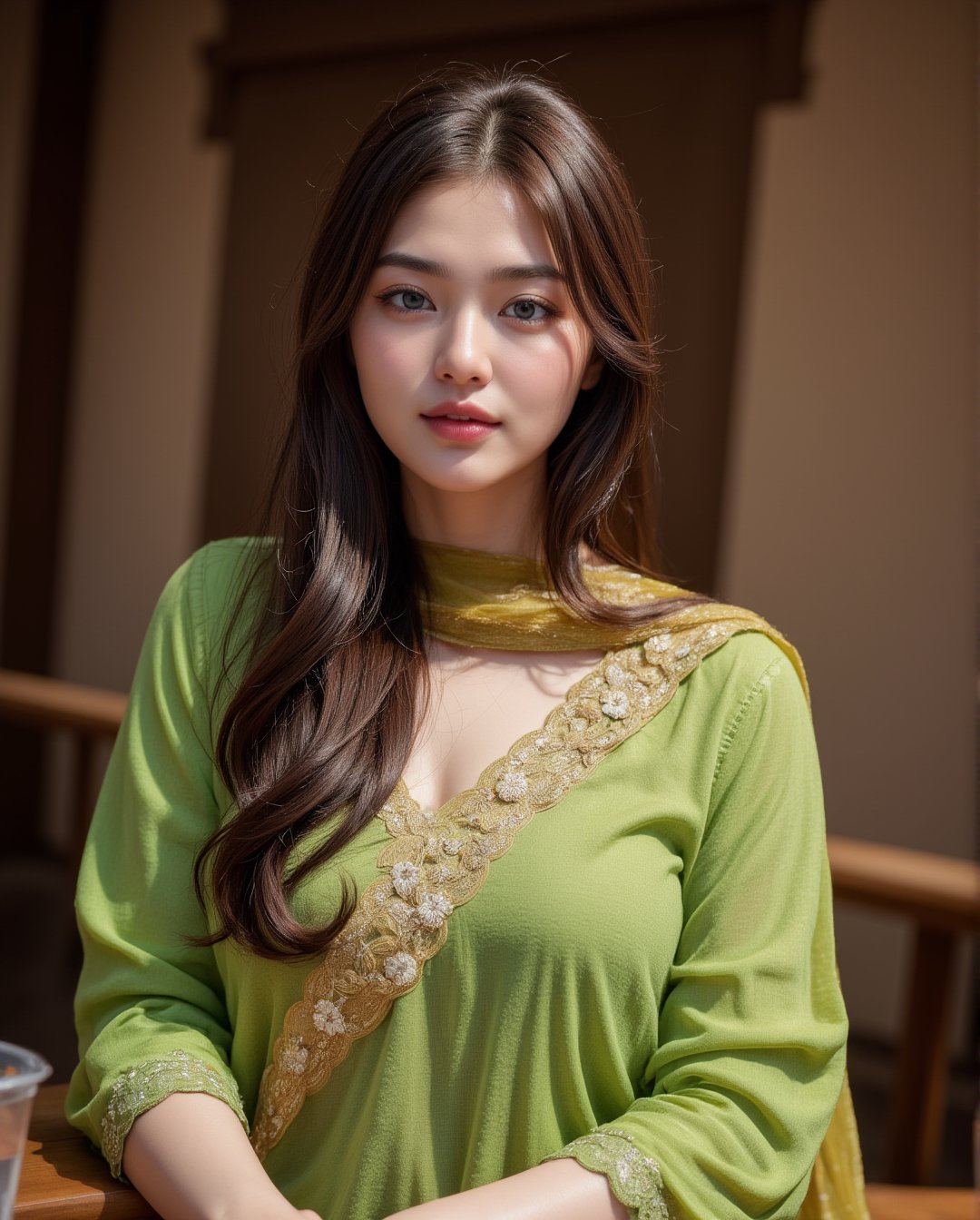 The 26-year-old woman with her long, auburn hair loosely tied into a side braid sits comfortably at a wooden table in a traditional Punjabi dhaba. Her large, almond-shaped emerald green eyes scan the menu with interest, and her fair porcelain skin, lightly freckled across her nose and cheeks, glows under the warm sunlight. She wears a bright green Patiala suit with a gold dupatta draped over her shoulder. The suit is adorned with delicate floral embroidery, and her dupatta flutters gently in the breeze. Her rose-pink lips are curved into a relaxed smile as she waits for her food to arrive. The background features the rustic charm of the dhaba—charpoys, mud walls, and an open kitchen where rotis are being prepared on a traditional tandoor. The sound of Punjabi folk music plays softly in the background, creating a warm, inviting atmosphere.