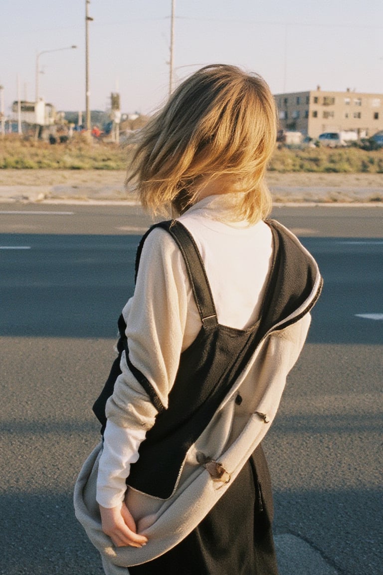 a woman, pretty, windy, in the street, Film Photography