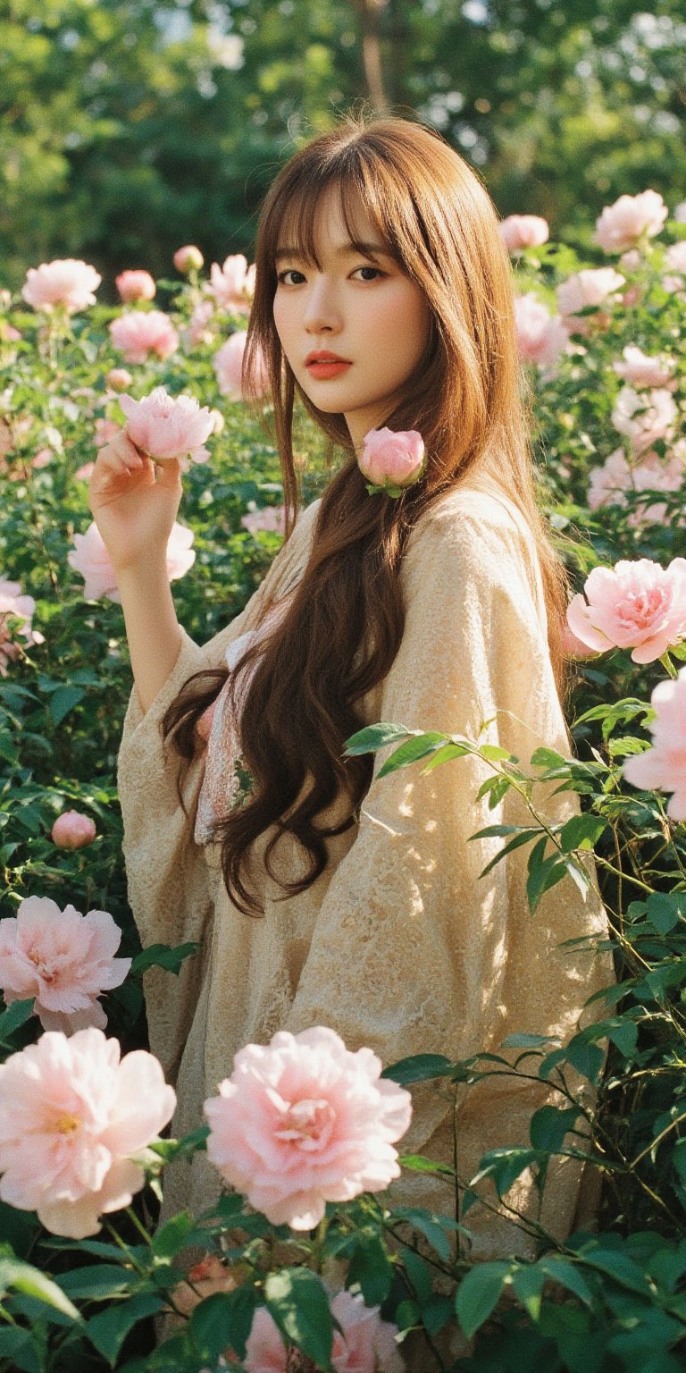 Audrey Hepburn's long hair cascades like a golden waterfall as she stands amidst a lush garden, surrounded by thousands of delicate peonies. The soft sunlight casts a warm glow on her serene face and the vibrant petals, creating a stunning contrast. Her traditional Chinese hanfu dress flows around her slender figure, blending harmoniously with the natural beauty of the flowers..Auguste Renoir ~ Paul Peel ~ John Singer Sargent ~ Alexandre-Jacques Chantron ~ John William Godward ~ John William Waterhouse ~ Han-Wu Shen ~ Ishitaka Amano ~ Chakrapan Posayakrit ~ Kim Jung Gi ~ Kei Mieno ~ Ikushima Hiroshi ~ WLOP ~ William-Adolphe Bouguereau ~ Alphonse Mucha ~Luis Royo ~ Range Murata ~ Jock Sturges photography ~ David Hamillton photography,sparkles,surreal
, Film Photography