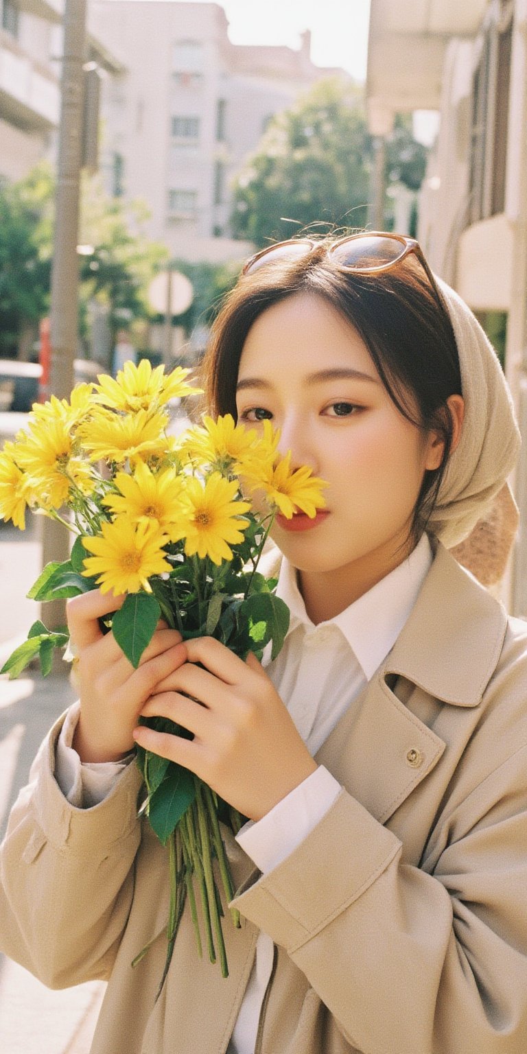 Candid moment on a sun-kissed sidewalk: a radiant woman in a trench coat and crisp white shirt holds and kisses a vibrant bouquet of yellow flowers, her brown sunglasses tucked on her hijab head. Natural light dances across her features as she's lost in thought, the blurred background and bokeh effect creating a sense of intimacy. Soft lighting accentuates her bright smile, while super detailed textures bring the scene to life., Film Photography