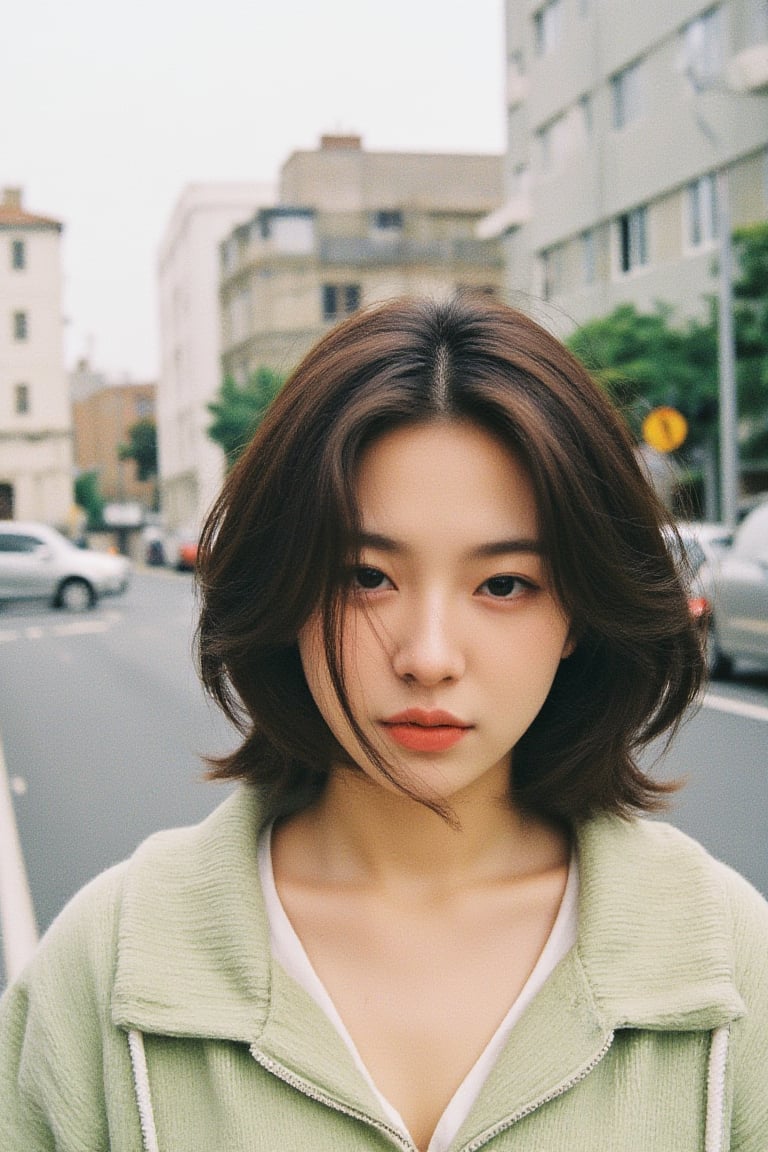 a woman, pretty, windy, in the street, Film Photography