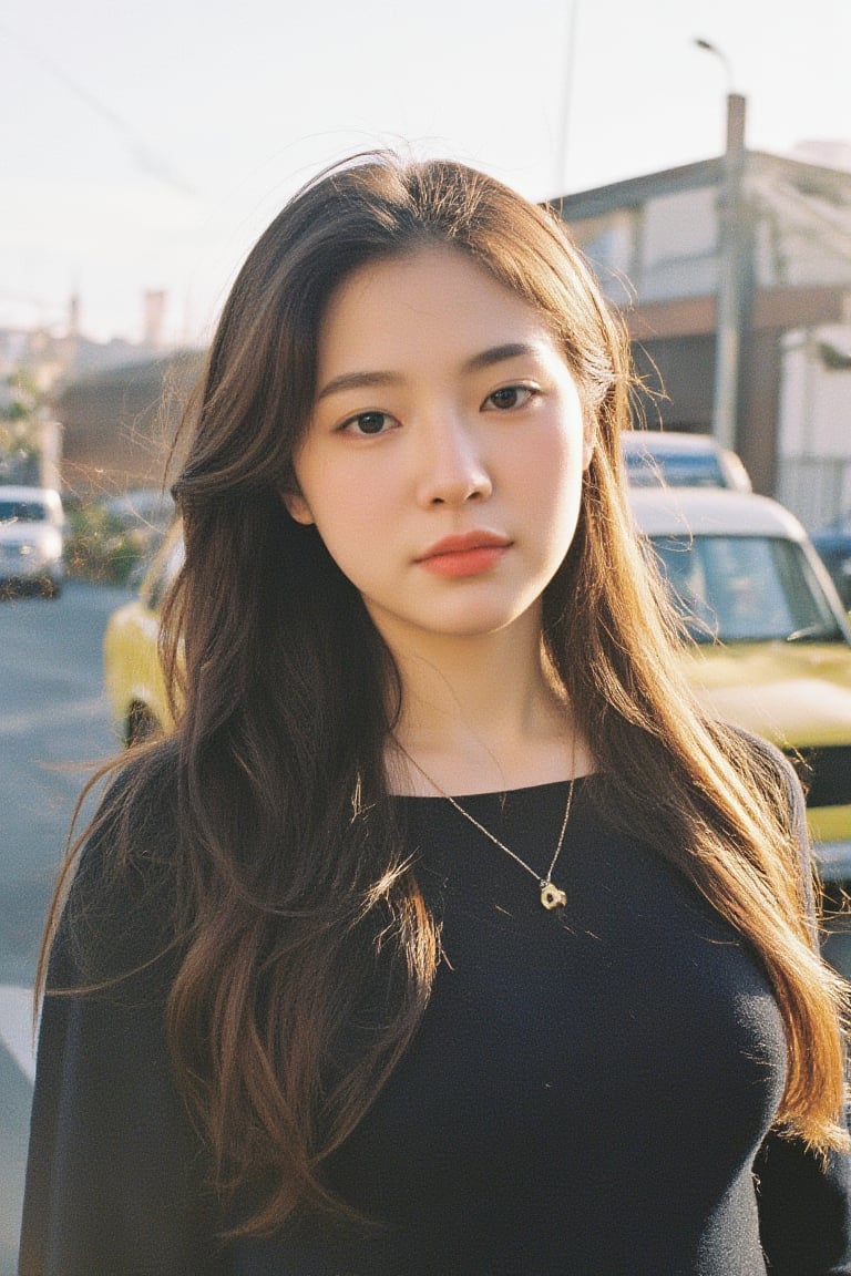 a woman, pretty, windy, in the street, Film Photography