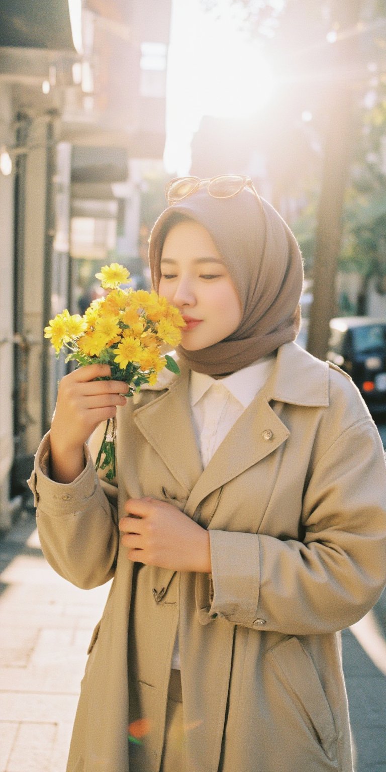 Candid moment on a sun-kissed sidewalk: a radiant woman in a trench coat and crisp white shirt holds and kisses a vibrant bouquet of yellow flowers, her brown sunglasses tucked on her hijab head. Natural light dances across her features as she's lost in thought, the blurred background and bokeh effect creating a sense of intimacy. Soft lighting accentuates her bright smile, while super detailed textures bring the scene to life., Film Photography