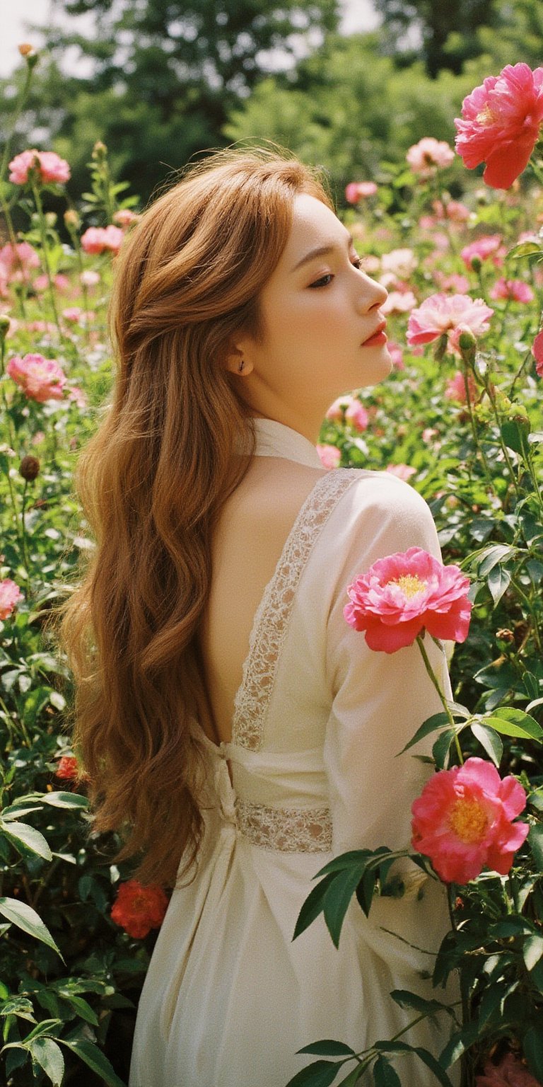 Audrey Hepburn's long hair cascades like a golden waterfall as she stands amidst a lush garden, surrounded by thousands of delicate peonies. The soft sunlight casts a warm glow on her serene face and the vibrant petals, creating a stunning contrast. Her traditional Chinese hanfu dress flows around her slender figure, blending harmoniously with the natural beauty of the flowers..Auguste Renoir ~ Paul Peel ~ John Singer Sargent ~ Alexandre-Jacques Chantron ~ John William Godward ~ John William Waterhouse ~ Han-Wu Shen ~ Ishitaka Amano ~ Chakrapan Posayakrit ~ Kim Jung Gi ~ Kei Mieno ~ Ikushima Hiroshi ~ WLOP ~ William-Adolphe Bouguereau ~ Alphonse Mucha ~Luis Royo ~ Range Murata ~ Jock Sturges photography ~ David Hamillton photography,sparkles,surreal
, Film Photography