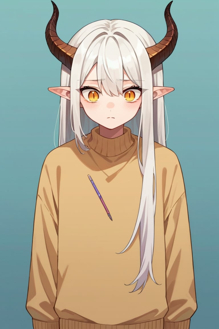 score_9, score_8_up, score_7_up,source_anime,BREAK, Neuvillette, teenager, tall male,Long Hair, White Hair, golden Eyes, Pointy Ears, light brown sweater, pale_skin , dragon horns, demon, multiple horns