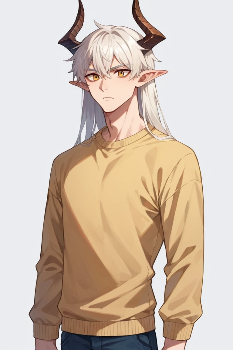 score_9, score_8_up, score_7_up,source_anime,BREAK, Neuvillette, teenager, athletic, tall male,Long Hair, White Hair, golden Eyes, Pointy Ears, light brown sweater, pale_skin , dragon horns, demon, multiple horns