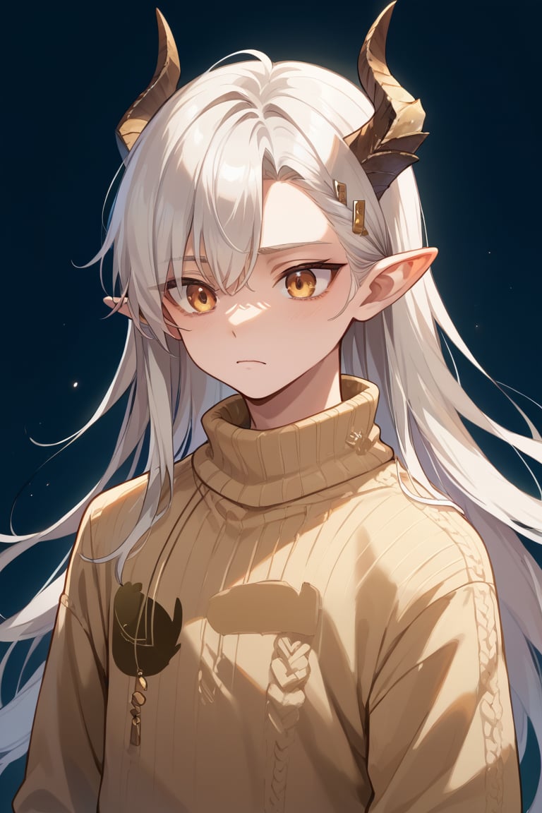 score_9, score_8_up, score_7_up,source_anime,BREAK, Neuvillette,Long Hair, White Hair, golden Eyes, Pointy Ears, light brown sweater, pale_skin, young male, 4 dragon horns