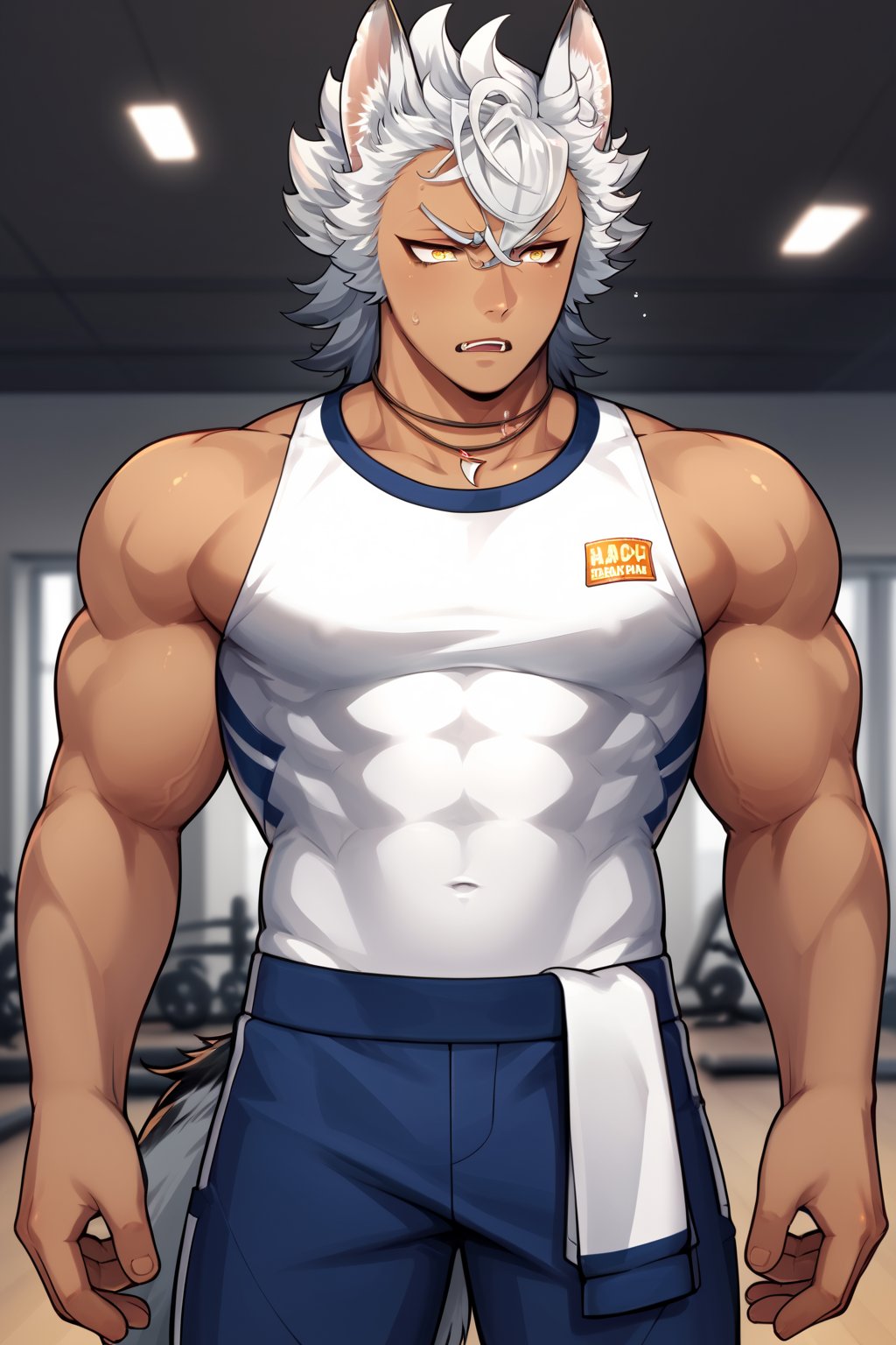 score_9,score_8_up,score_7_up,score_6_up,score_5_up,score_4_up,source_anime,BREAK,jack howl,wolf ears, wolf tail,spiked hair,yellow eyes,white hair,necklace, hot guy, perfect face, big muscles, bodybuilder, gym, gym_clothes, gym_uniform
