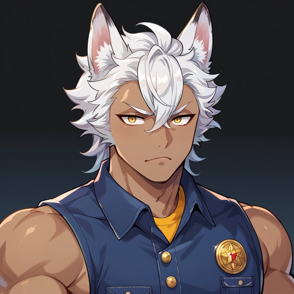 score_9, score_8_up, score_7_up, score_6_up, score_5_up,score_4_up,source_anime,BREAK,,jack howl,wolf tail,white hair,wolf ears,yellow eyes,dark-skinned male,muscular male, only Jack, vest,hair between eyes, Expressiveh, beautiful face, hot guy, masterpiece, best quality, best aesthetics, perfect anatomy, perfect proportions, athetic guy, perfect face,, high resolution, good colors, bright skin, good shading,