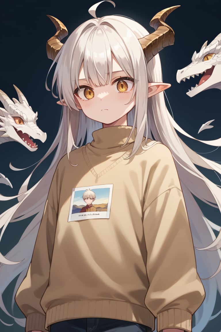 score_9, score_8_up, score_7_up,source_anime,BREAK, Neuvillette,young male, teenager, tall male,Long Hair, White Hair, golden Eyes, Pointy Ears, light brown sweater, pale_skin , dragon horns, multiple horns