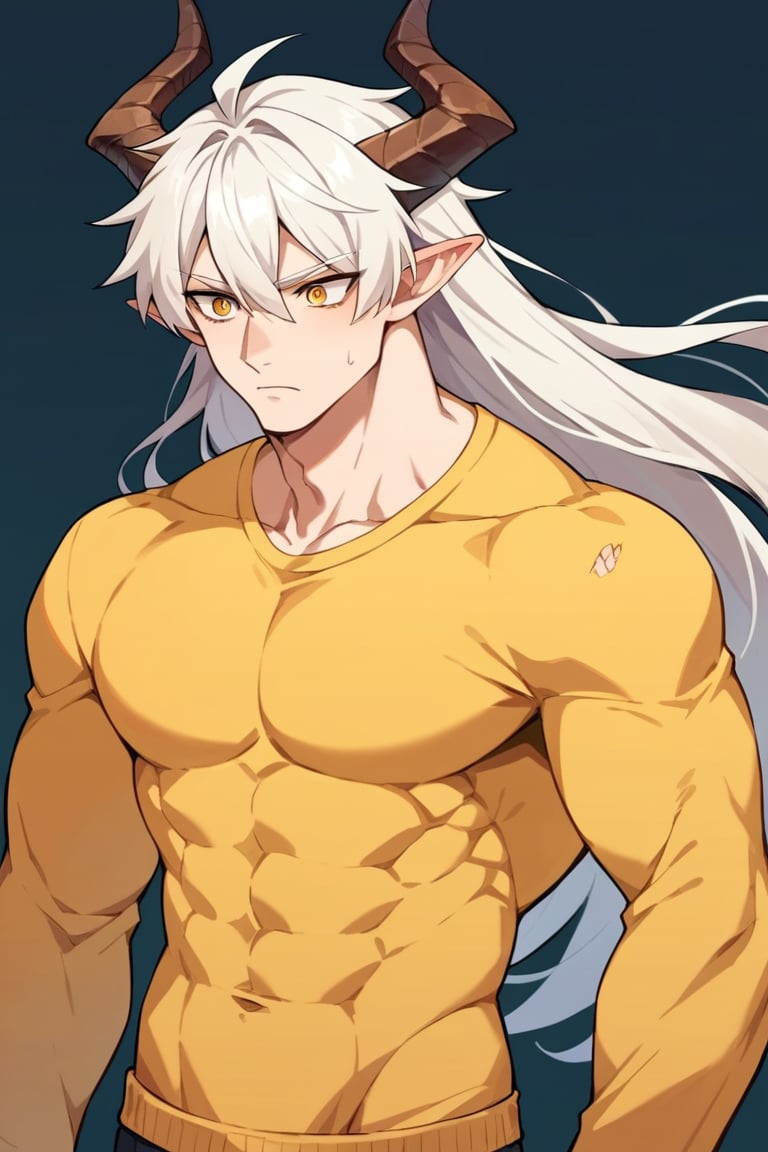 score_9, score_8_up, score_7_up,source_anime,BREAK, Neuvillette, teenager, little muscles, tall male,Long Hair, White Hair, golden Eyes, Pointy Ears, light brown sweater, pale_skin , dragon horns, demon, multiple horns