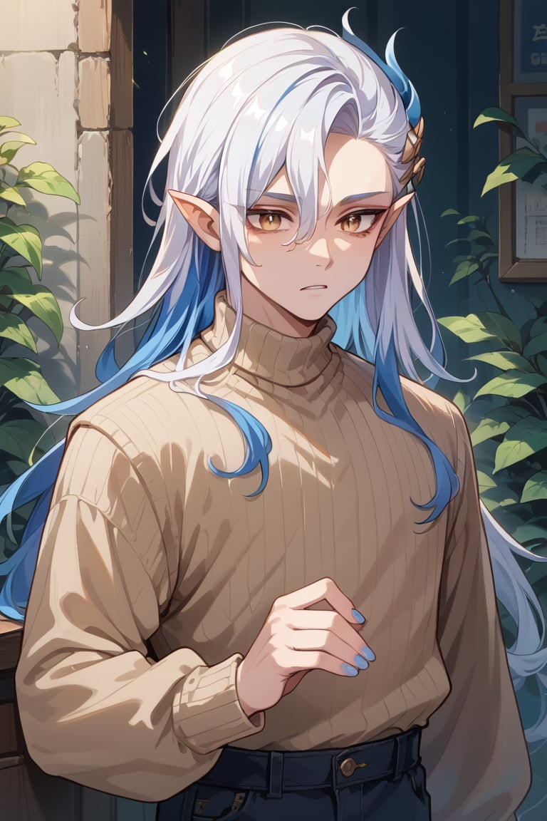 score_9, score_8_up, score_7_up,source_anime,BREAK, Neuvillette,Long Hair, White Hair, Blue Hair,Multicolored Hair, golden Eyes, Pointy Ears, light brown sweater, pale_skin, blue dragon nails, young male