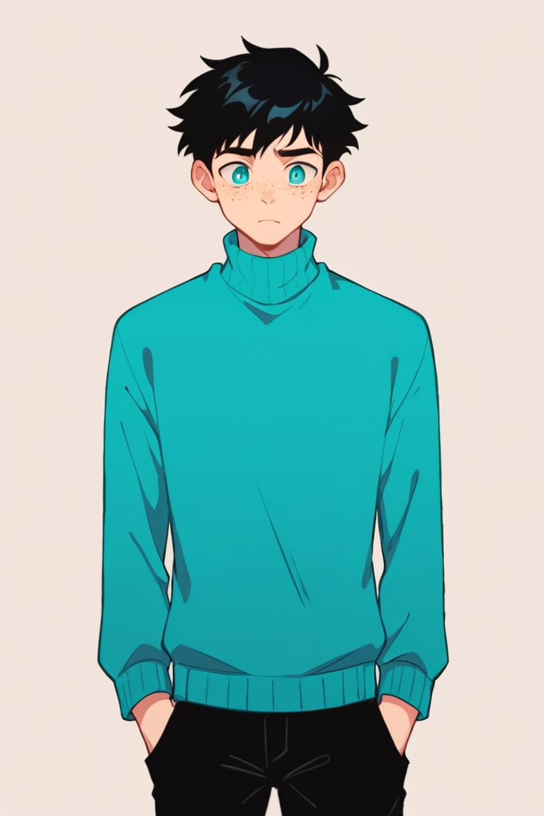 score_9, score_8_up, score_7_up,source_anime,BREAK, Wriothesley, teenager, athletic, tall male,short Hair, black Hair,  cyan Eyes, cyan sweater, pale_skin, freckles, moles_in _face