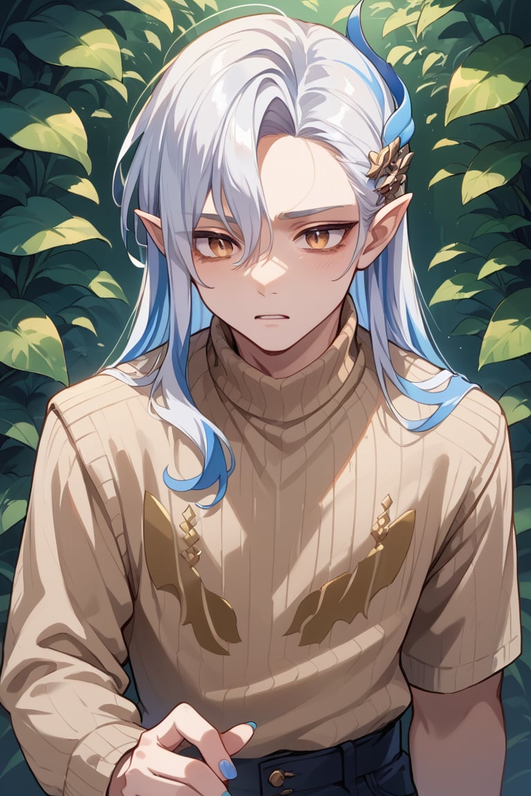 score_9, score_8_up, score_7_up,source_anime,BREAK, Neuvillette,Long Hair, White Hair, Blue Hair,Multicolored Hair, golden Eyes, Pointy Ears, light brown sweater, pale_skin, blue dragon nails, young male