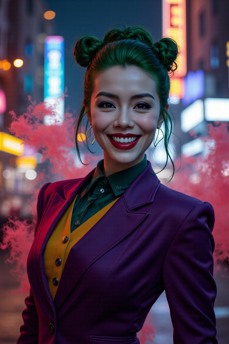 Art of a joker Joker's twisted grin wearing her ((makeup face:1.4)), purple ((her suit)), black glove, ((red smoke)), her ((green ponnytail bun hairstyle:1.3)), sharp teeth, sexy pose, dark night, ((neon light city)), cyberpunk realistic city background 